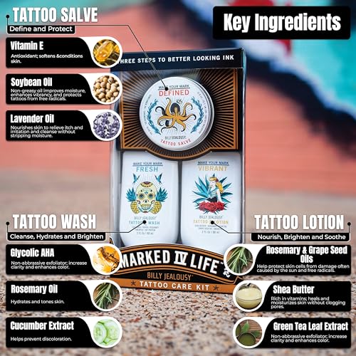 Billy Jealousy Marked IV Complete Tattoo Care Kit, Make Your Mark Defined, Fresh and Vibrant, Includes Aftercare Ink Salve, Brightening Soap and Moisturizing Tattoo Lotion