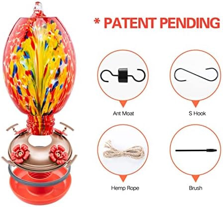 Muse Garden Glass Humming Bird Feeders for Outdoors - 27OZ Blown Glass Hummingbird Feeder - Unique Gift for Mom Bird Lovers Women, Outdoors Hanging Garden Decor, Includes Ant Moat & Brush, Red Phoenix
