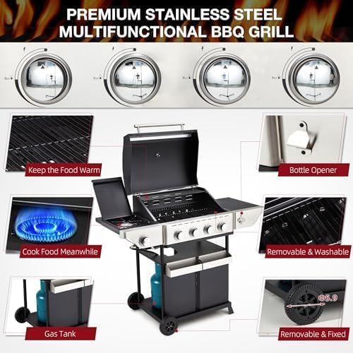 4-Burner outdoor grill with Side Burner, Stainless Steel Spice Rack 542 Sq.In BBQ, 45,000 BTU Portable Propane Grill Output for Outdoor Cooking Kitchen, gas grills Barbecue