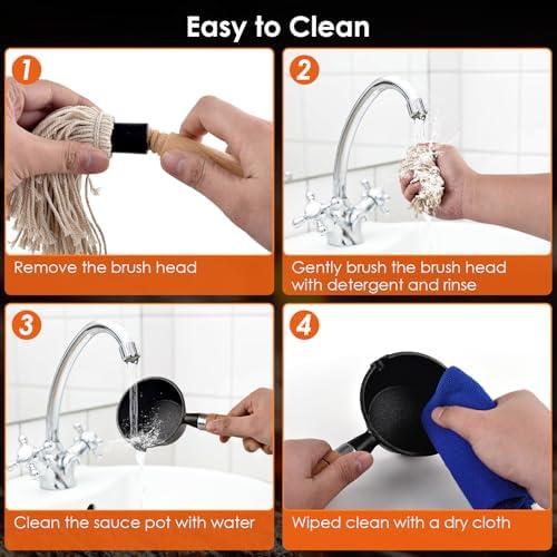 BBQ Mop Brush and Cast Iron Sauce Pot Set, 8Pcs Barbecue Accessories Include Basting Melting Pot, 2 Size Wooden Handle Sauce Mops with 4Pcs Replacements and Oil Brush for Meat Smoker, Grill, Stove
