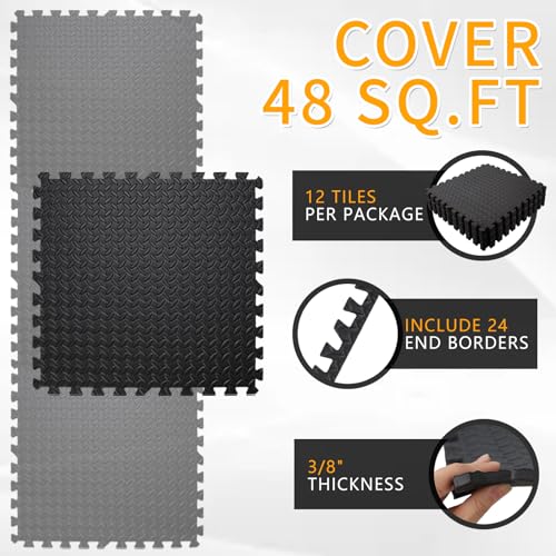 Puzzle Exercise Mat 1/2 Inch Thickness, 24'' x 24'' EVA Foam Floor Tiles, 6 Tiles Protective Flooring Mats Floor Interlocking Foam Gym Floor Mats for Home Gym Equipment Covers 24 SQ FT