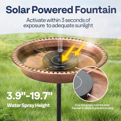 VIVOHOME Oval Polyresin Bird Bath Bowl with Solar Fountain, 29 Inch Height Outdoor Freestanding Birdfeeder with Metal Stake, Capacity 1.3 Gallons, 5-Pronged Base, Bronze
