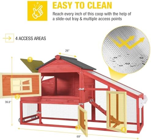 Aivituvin Chicken Coop Outdoor with Wheels, Mobile Hen House Wooden Poultry Cage with Run & Waterproof Roof (Red with White)