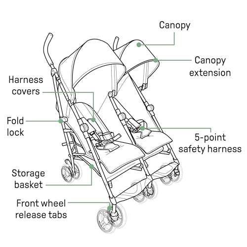 Summer Infant 3Dlite Folding Lightweight Side by Side Double Stroller with 5-Point Safety Harness for Infants and Toddlers, Black