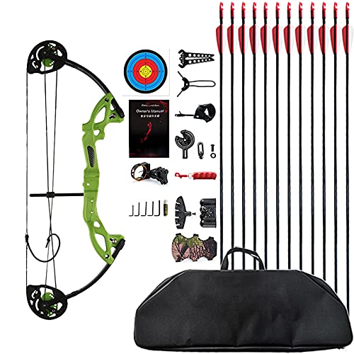 PANDARUS Compound Bow Archery for Youth and Beginner, Right/Left Handed,19”-28” Draw Length,15-29 Lbs Draw Weight, 260 fps, Package with Archery Hunting Equipment Carry Case(Green Right Handed Pro)