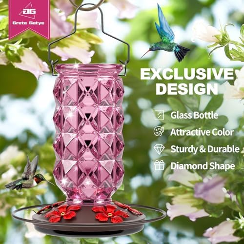2 Pack Glass Hummingbird Feeders for Outdoors, 25 Ounces Wild Bird Nectar Feeder with Perch & 5 Flower Feeding Ports Leak Proof Hanging for Garden Backyard Decor, Gifts for Women Mom, Red & Pink