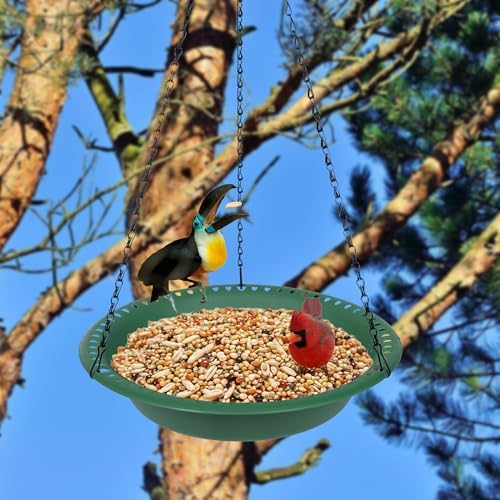 2 Pack Hanging Bird Feeder Tray 12 inch with Drainage Holes Fit Most Seed, Bird-Feeder Hanging for Garden Yard Outside, Green
