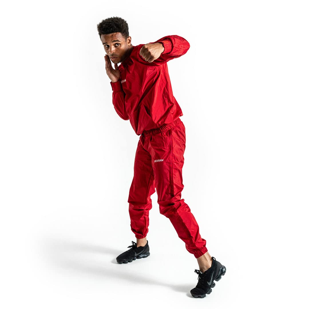 BOXRAW Hagler Professional Sauna Suit 1.0 Top & Bottoms Non Rip Sweat Suit Boxing MMA Training Gym (Red - XL)