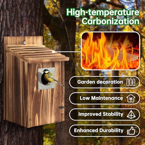 2 Pack Bird Houses for Outside with Metal Predator Guard for Bluebird Wren Swallow Finch, Carbonized Wooden Nesting Boxes for Outdoor, Sturdy Bird House,Easy to Clean