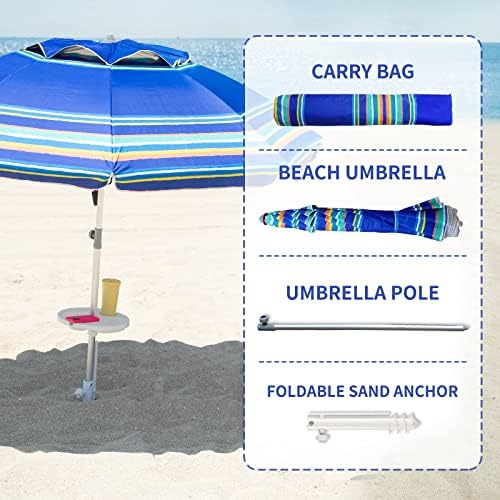 AMMSUN 7ft Heavy Duty High Wind Beach Umbrella Parasols with Sand Anchor Vent Tilt UV 50+ Sun Protection Portable Outdoor Sunshade Umbrellas Carry Bag for Patio Garden Pool Backyard Blue