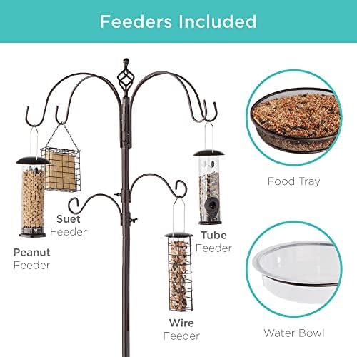 Best Choice Products 6-Hook Bird Feeding Station, Steel Multi-Feeder Kit Stand for Attracting Wild Birds w/ 4 Bird Feeders, Mesh Tray, Bird Bath, 5-Prong Base - Bronze