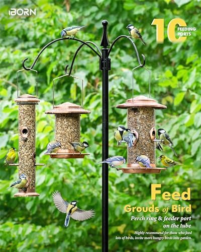 iBorn Metal Bird Feeder for Outside Hanging,Wild Bird Feeders for Cardinal,18cm Large Roof&Tray Brushed Copper 10 Port(Seed is not Included)