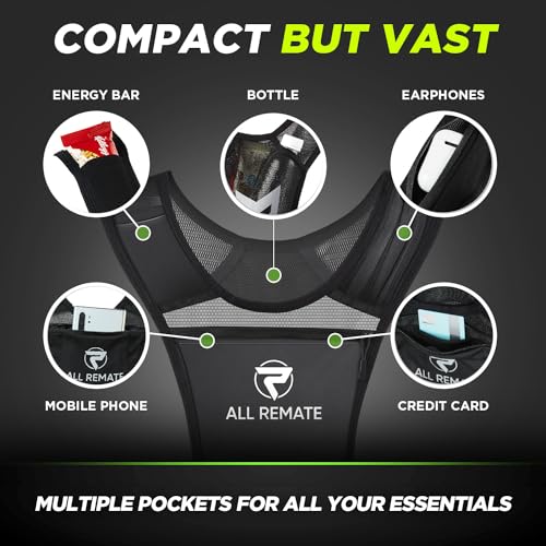 ALL REMATE Unisex Reflective Running Vest 2 Head Bands set with 5 Pockets for Phones, Water bottles, Ear Bud Case, Keys, etc. Ventilative Adjustable Jogging Gear