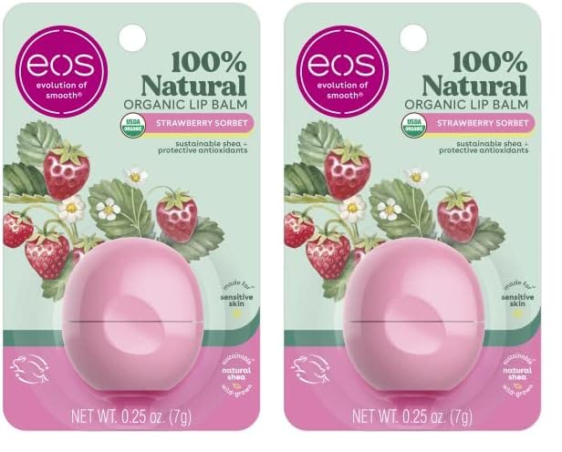 eos 100% Natural & Organic Lip Balm- Strawberry Sorbet, All-Day Moisture, Dermatologist Recommended for Sensitive Skin, Lip Care Products, 0.25 oz (Pack of 2)