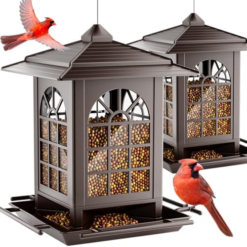 Birdream 2 Pack Bird Feeders for Outdoors Hanging - 7LB Total Capacity Classic Courtyard Design Fun Assembly Large Bird Feeder, Attracting Wild Birds Cardinals Goldfinches Sparrows - Brown