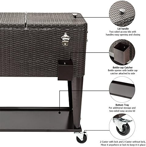 VINGLI 80 Quart Rolling Ice Chest, Portable Patio Party Bar Drink Cooler Cart, with Shelf, Beverage Pool with Bottle Opener (Brown)