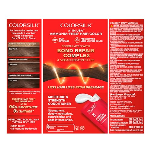Revlon ColorSilk with Bond Repair Complex, Brown Permanent Hair Color, 100% Gray Coverage, Ammonia Free Hair Dye, Vegan Keratin, 41 Medium Brown (Pack of 3)
