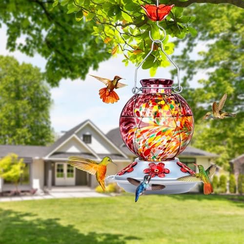 BOLITE Hummingbird Feeder, Hummingbird Feeders for Outdoors Hanging, Hand Blown Glass, Meshy Texture Ball Shape Bottle, 5 Feeding Ports with Perch, 20 Ounces, Leak Proof, Purple, Gifts for Women Men