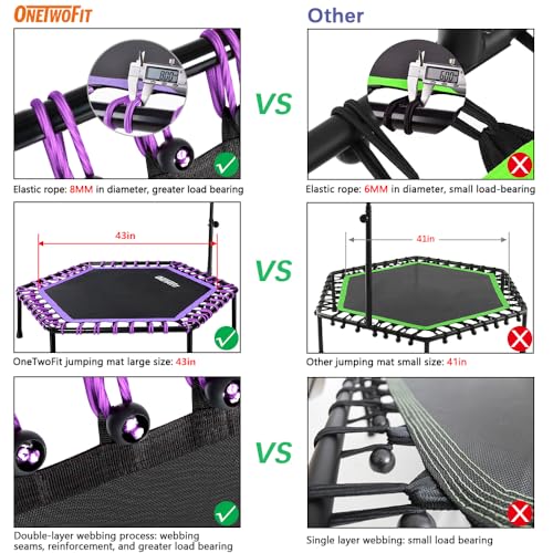ONETWOFIT 48" Silent Mini Trampoline with Adjustable Handle Bar Fitness Trampoline Bungee Rebounder Jumping Cardio Trainer Workout for Adults
