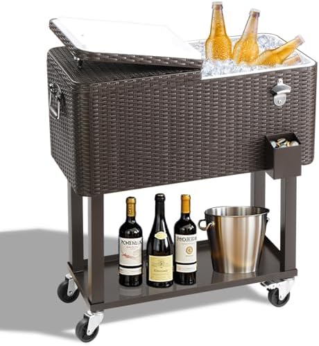 Outvita 80 Quart Rolling Ice Chest, Portable Bar Drink Cooler with Catch Basin, Bottom Storage Tray and Bottle Opener for Patio Party BBQ Beach Activities