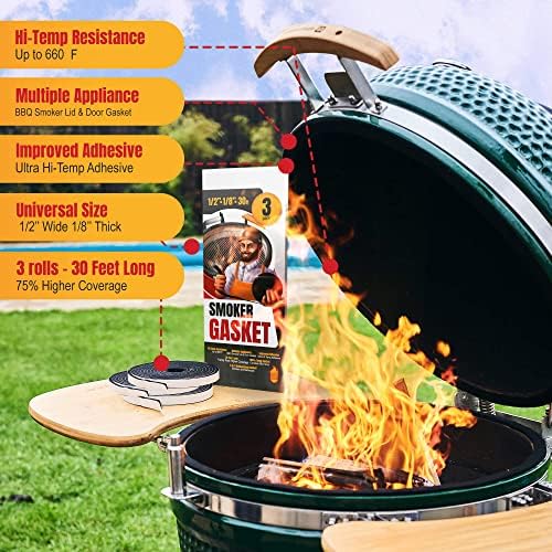 XXL 30 FT Grill Gasket for Smokers - Black 1/2’’ x 1/8’’ Hi Temp Seal Smoker Gasket – 3-Pack x 10 FT Self Stick Black Nomex Fire Tape for BBQ Lid – High Heat Temperature Material Replace