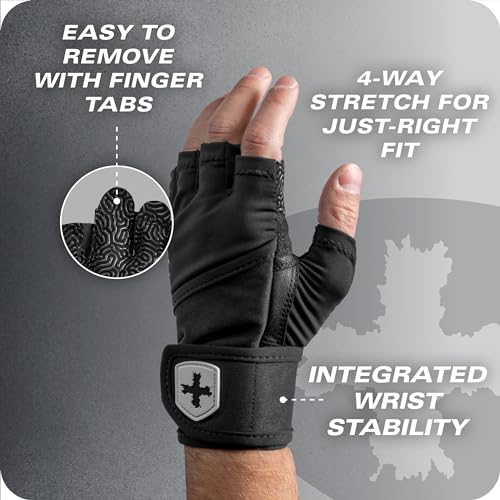 Harbinger Pro Wristwrap Gloves 3.0 - Enhanced Grip, Superior Wrist Support, Breathable 4-Way Stretch Lycra, Durable Leather Palm, Half-Finger Design for Weightlifting, Gym, Black, Small - Men's