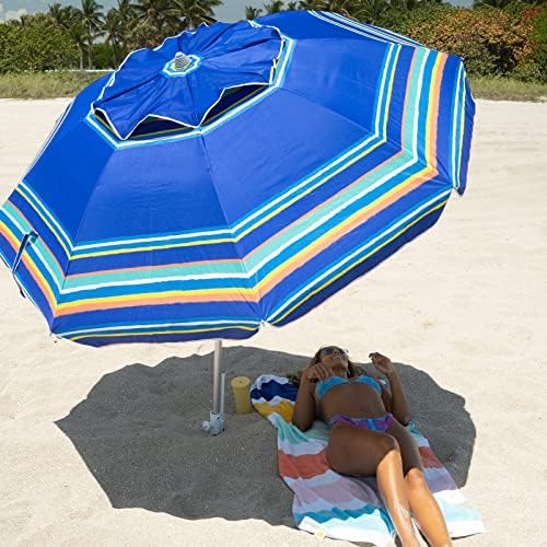 AMMSUN 7ft Heavy Duty High Wind Beach Umbrella Parasols with Sand Anchor Vent Tilt UV 50+ Sun Protection Portable Outdoor Sunshade Umbrellas Carry Bag for Patio Garden Pool Backyard Blue