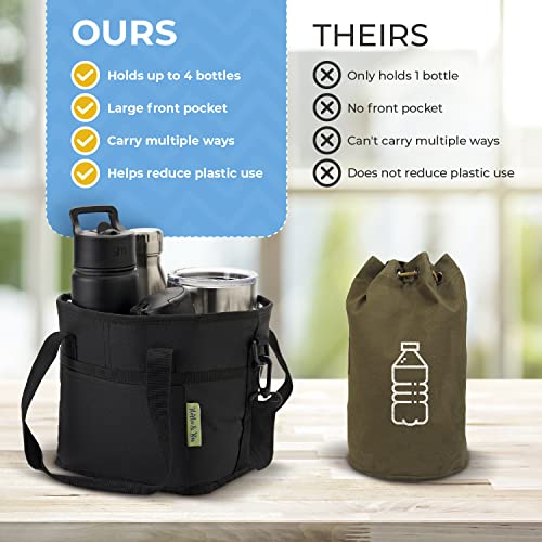 NoNa & Bee 4 Water Bottle Holder with Strap | Family Size 4 Compartment Drink Bag, Multiple Tumbler Carrier Caddy | Adjustable Fits Large & Small Drinks | Hands Free, Won't Tip Over in Car (Black)