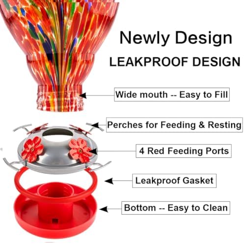 WOSIBO Hummingbird Feeder for Outdoors Patio Large 32 Ounces Colorful Hand Blown Glass Hummingbird Feeder with Ant Moat Hanging Hook, Rope, Brush and Service Card (RED-Firework)