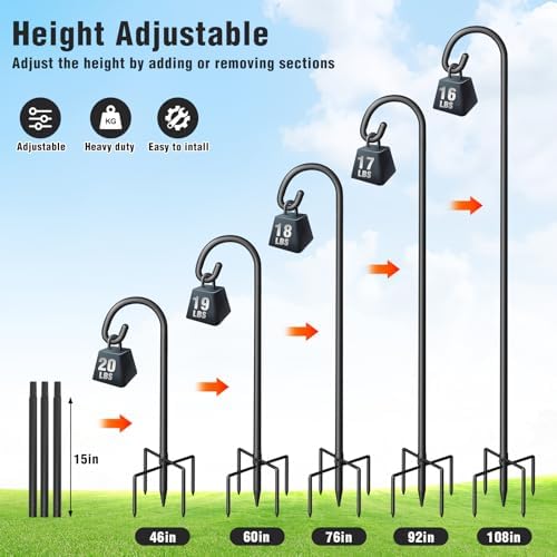 Shepherd Hook for Outdoor, Heavy Duty Bird Feeder Pole with 5 Prong Base, Adjustable Height Bird Feeder Stand Ideal for Hanging Bird Feeders, Plant, and Garden Decorations