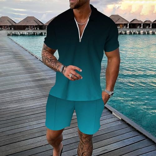 Two Piece Outfits Set for Men Printed Short Sleeve Polo Shirts Shorts Set Men’s Short Set Outfit 2 Piece Tracksuits 2 Piece Sets For Men