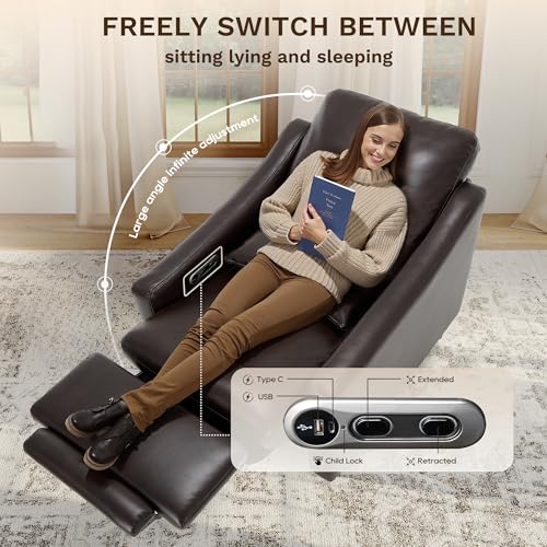 COLAMY Pushback Electric Recliner Chair, Premium Leather Upholstery with Adjustable Angles, Extra Lumbar Pillow, Built-in Charging Port, Business-Casual Style for Living Room(Brown