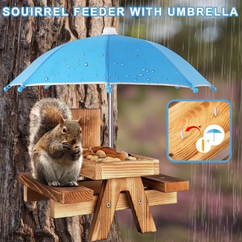 Gnodary Squirrel Feeder with Umbrella, Squirrel Feeders for Outside, Squirrel Picnic Table Feeder - Chipmunk Feeder Hold Corn, Corn Cob, Peanuts (Light-Blue)