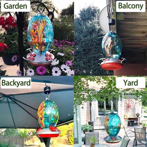 Muse Garden Glass Humming Bird Feeders for Outdoors - 27OZ Blown Glass Hummingbird Feeder - Unique Gift for Mom Women, Outdoors Hanging Garden Decor, Includes Ant Moat & Brush, Blue Fireworks