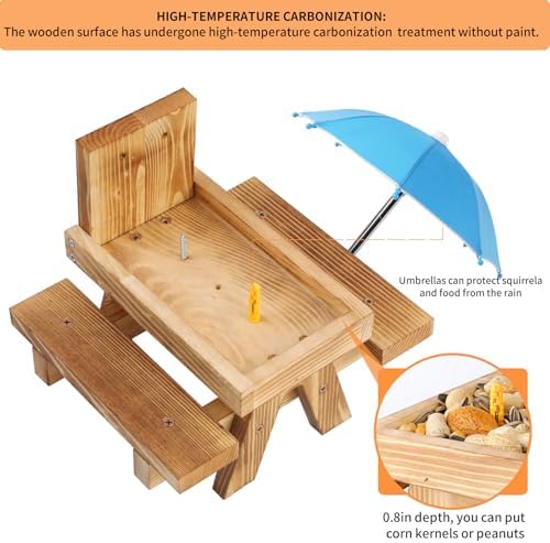 Gnodary Squirrel Feeder with Umbrella, Squirrel Feeders for Outside, Squirrel Picnic Table Feeder - Chipmunk Feeder Hold Corn, Corn Cob, Peanuts (Light-Blue)