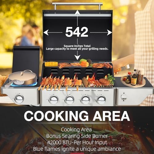 4-Burner outdoor grill with Side Burner, Stainless Steel Spice Rack 542 Sq.In BBQ, 45,000 BTU Portable Propane Grill Output for Outdoor Cooking Kitchen, gas grills Barbecue