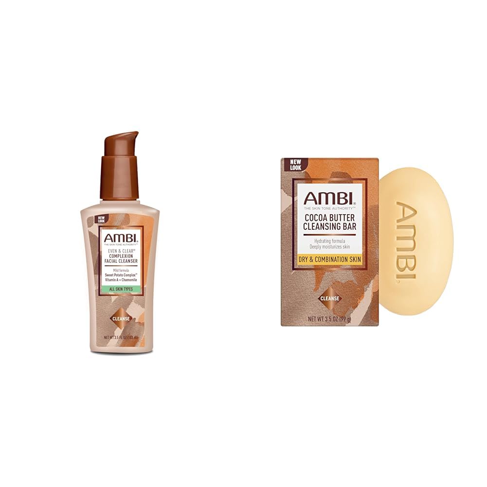 Ambi Even & Clear Complexion Facial Cleanser, Cocoa Butter Cleansing Bar, 3.5 Fl Oz Each - For All Skin Types, With Sweet Potato, Chamomile, Green Tea, Helps Moisturize, Even Skin Tone