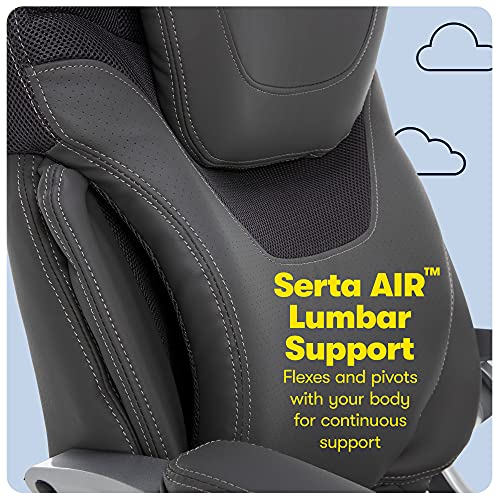 Serta Bryce Executive Office Chair, Ergonomic Computer DeskChair with Patented AIR Lumbar Technology, Comfortable Layered Body Pillows for Cushioning, SertaQuality Foam, Bonded Leather, Gray
