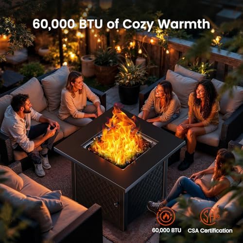 AMADA HOMEFURNISHING 28" Propane Fire Pit, CSA Certified, 60,000 BTU Auto-Ignition Gas Fire Pit Table, Stainless Steel Burner and Lava Rocks, Outdoor Garden Backyard Patio