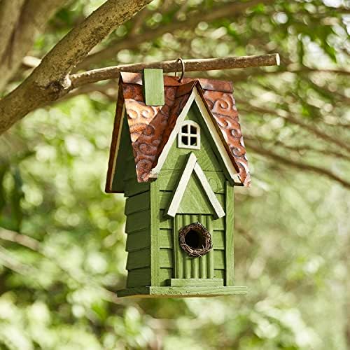 Glitzhome 12" H Green Hanging Distressed Solid Wood Garden Bird House Decoratvie Birdhouse