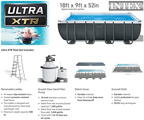 Intex 18' x 9' x 52" Ultra XTR Rectangular Frame Swimming Pool Set with Pump - Above Ground Backyard Large Rectangle Pool with 45-Inch Deep Water