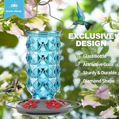 2 Pack Glass Hummingbird Feeders for Outdoors, 25 Ounces Wild Bird Nectar Feeder with Perch & 5 Flower Feeding Ports Leak Proof Hanging for Garden Backyard Decor, Gifts for Women Mom, Red & Blue