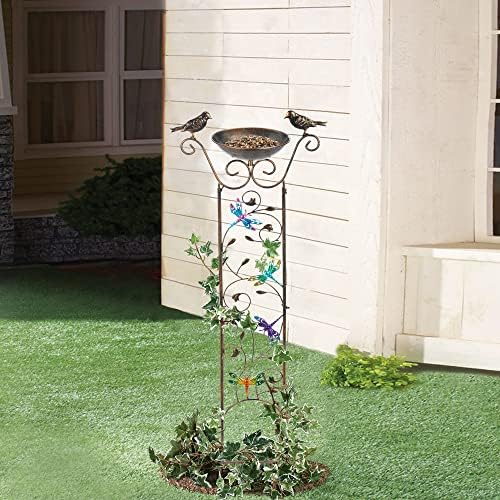 Bird Bath with Trellis Outdoor, Antique Garden Iron Plant Trellis with Decorative Dragonfly Detachable Bird Bath Bowl Metal Potted Plant Support for Climbing Flowers