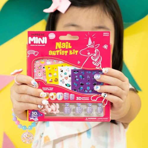 KISS imPRESS No Glue Mani Press On Nails, Mini Nail Artist Kit, 3-D Effect, Pink, Kids Size, Squoval Shape, Includes 26 Fake Nails, 4 Sticker Sheets, 1 Mini Nail File