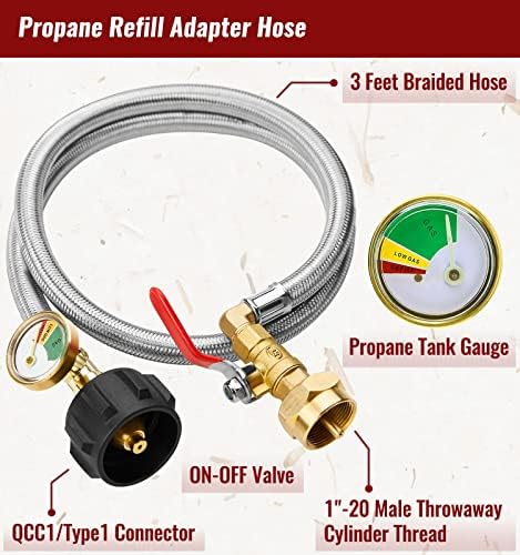 3 Feet Propane Refill Adapter Hose with Gauge and ON/Off Control Valve, Stainless Steel Extension Propane Refill Hose, Fill 1 Pound Bottles from 20lb Tank