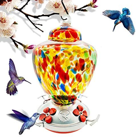 REZIPO Hummingbird Feeder with Perch - Hand Blown Glass - Colored - 38 Fluid Ounces Hummingbird Nectar Capacity Include Hanging Wires and Moat Hook