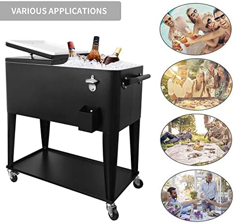 Nattork Portable Rolling Cooler Cart 80 Quart Cooler cart, Ice Chest Cart Trolley Rolling Cart Cooler with Wheels Outdoor Beverage Cooler for Patio Ice Chest with Shelf, Water Pipe and Bottle Opener