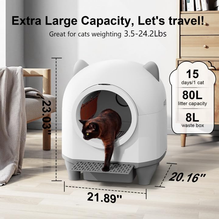Aoktech Self Cleaning Litter Box, 80L Automatic Cat Litter Box Self Cleaning with APP Control, Odor Control, Multi-Cat Compatible, Includes 20 Count Waste Bags, aWhite