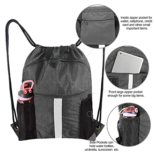 BeeGreen Green Drawstring Backpack Bag with Shoe Compartment X-Large Gym Sports String Cinch Sackpack with Front Inside Zipper Pockets 300D