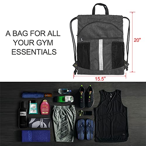 BeeGreen Green Drawstring Backpack Bag with Shoe Compartment X-Large Gym Sports String Cinch Sackpack with Front Inside Zipper Pockets 300D